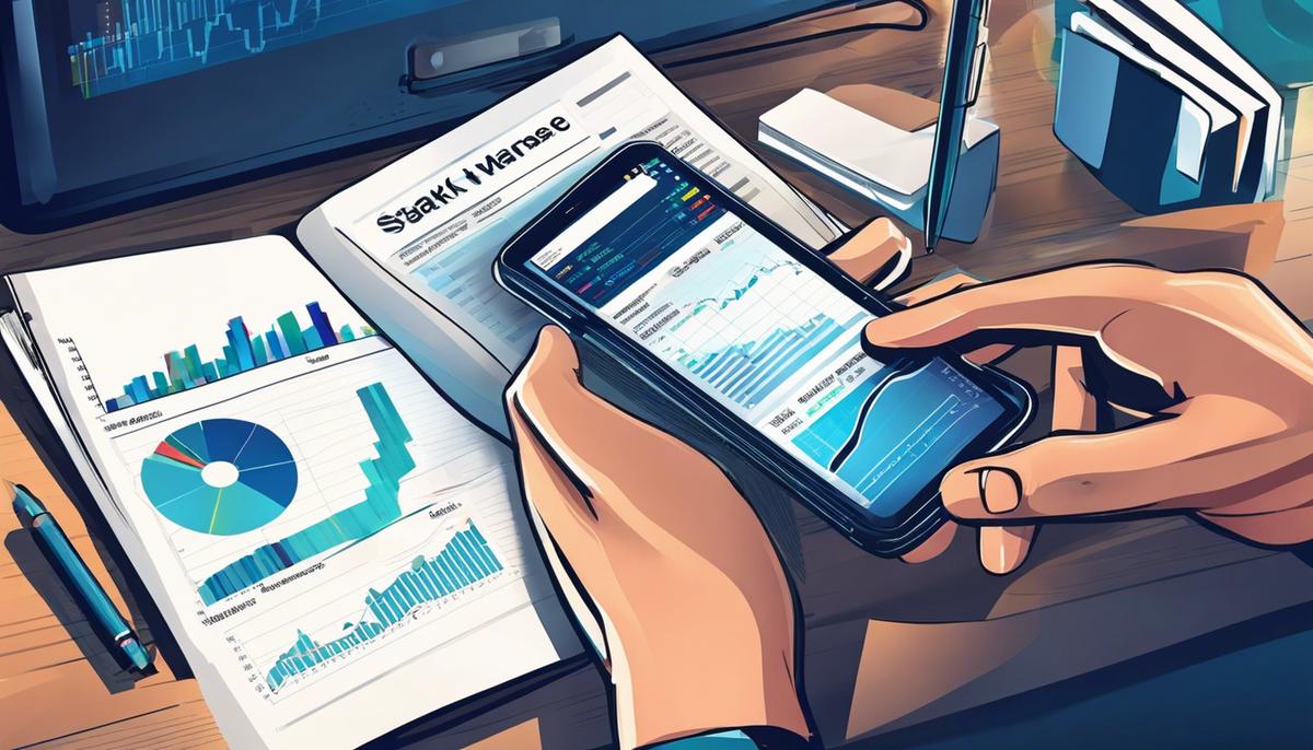 Illustration of a person analyzing stock market data on a smartphone