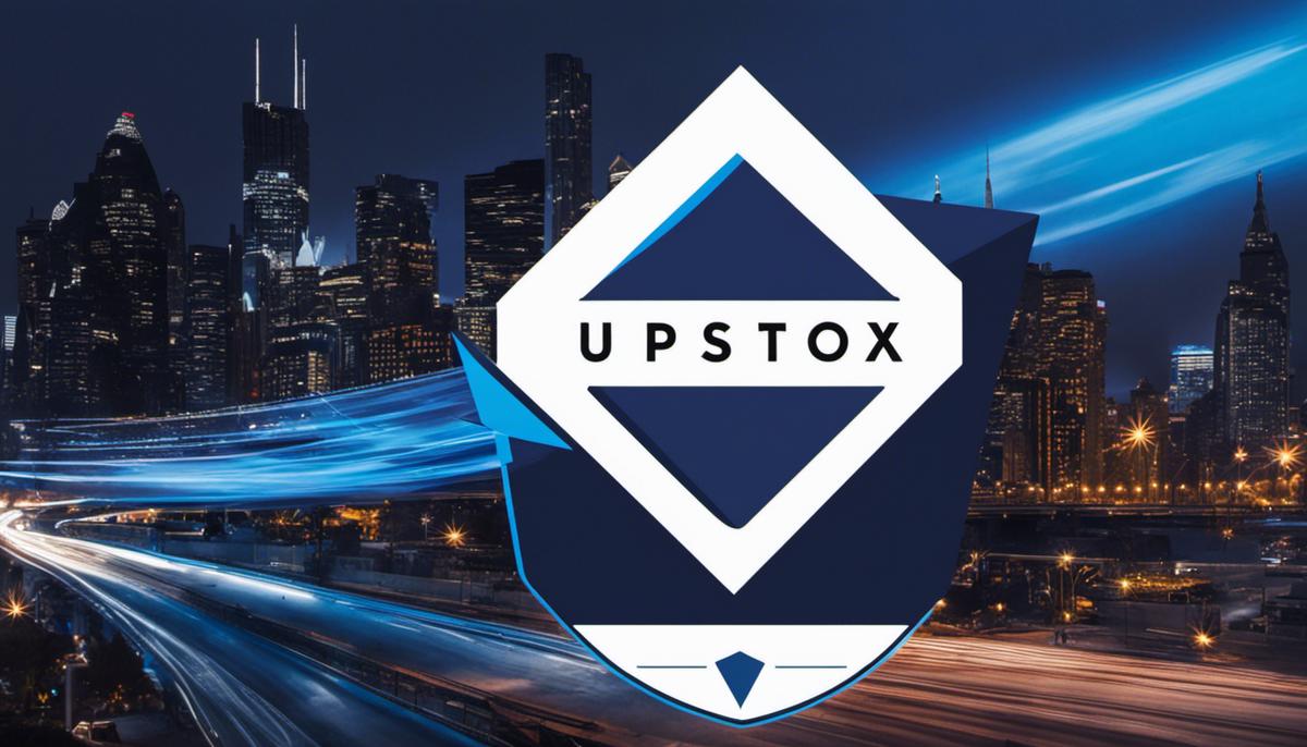 An image of the Upstox logo with a blue background and a white arrow pointing upwards